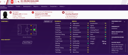Pagina delle statistiche di Erling Haaland in Football Manager 2020