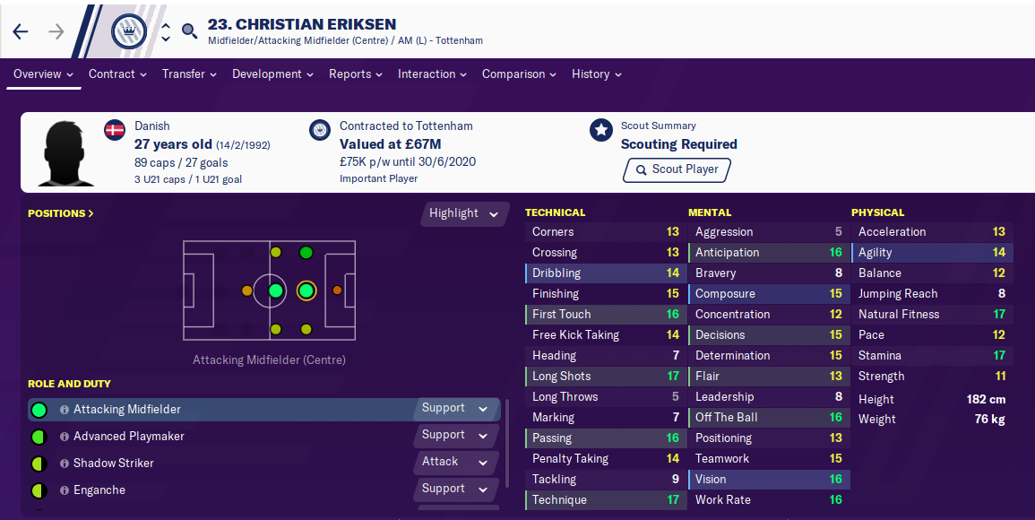 Pagina delle statistiche di Christian Eriksen in Football Manager 2020