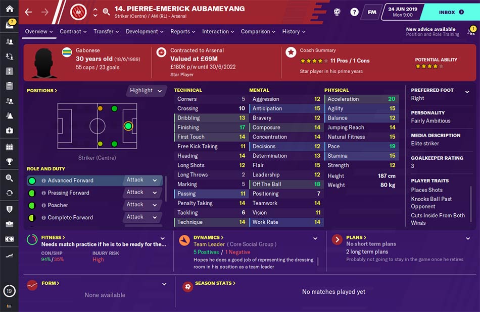 Le statistiche di Pierre-Emerick Aubameyang in Football Manager 2020