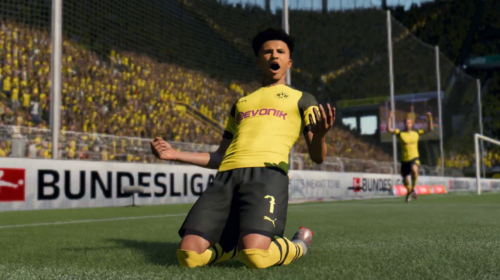 Jadon Sancho festeggia un gol per il Borussia Dortmund in FIFA 20