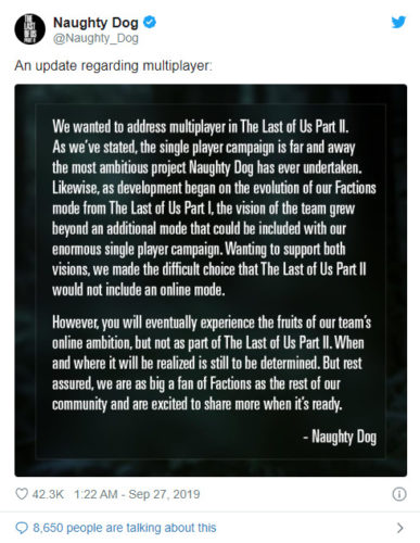 Dichiarazione di Naughty Dog su una modalità multiplayer
