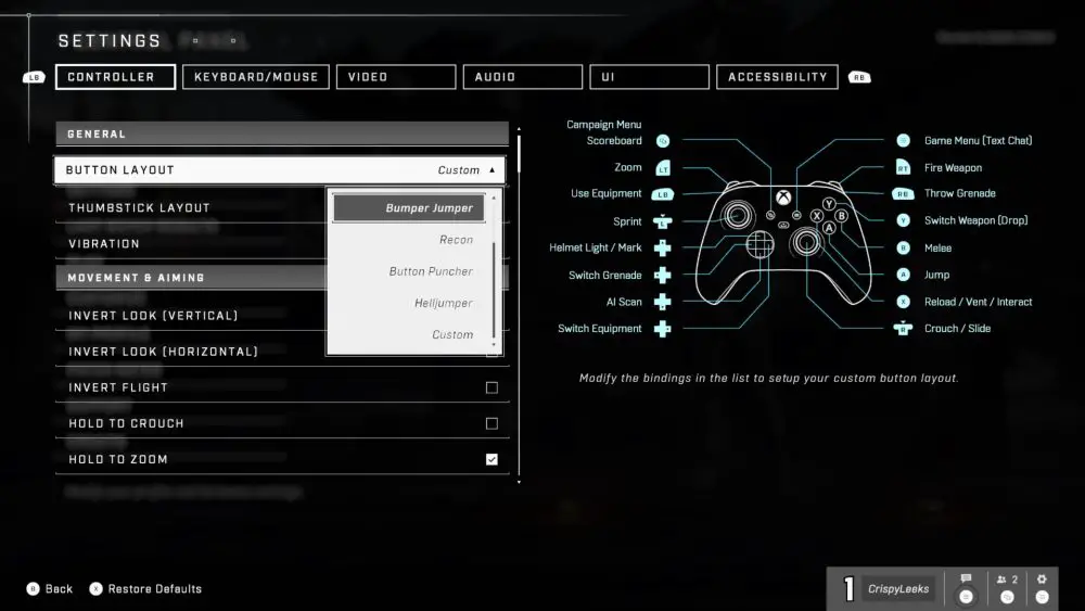 Modifica il layout del controller in Halo Infinite